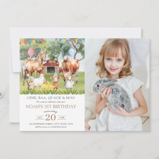 農業動物水彩誕生日パーティー写真 招待状 (正面)