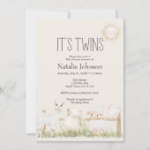 農業動物牧草地フレンズ双子ベビーシャワー 招待状 (正面)