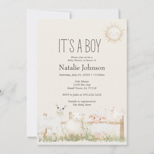 農業動物牧草地フレンズ赤ちゃんシャワー 招待状 (正面)