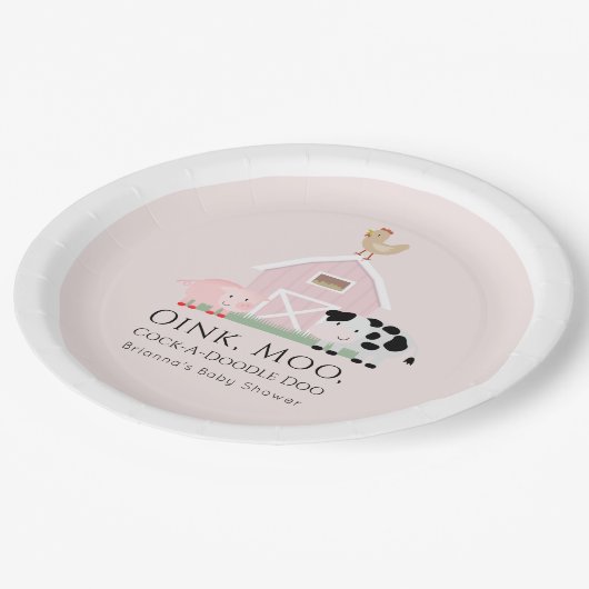 農業動物納屋周囲の庭ガールピンク赤ちゃんシャワー ペーパープレート (アングル)