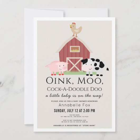 農業動物納屋周囲の庭ギンガムベージュベビーシャワー 招待状 (正面)