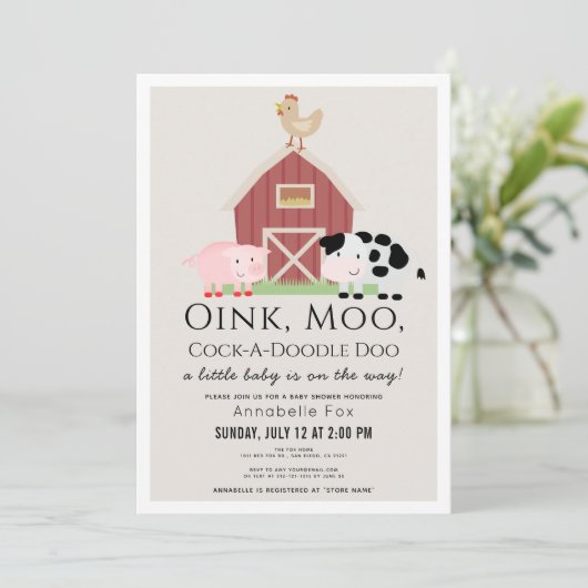 農業動物納屋周囲の庭ギンガムベージュベビーシャワー 招待状 (スタンド正面)