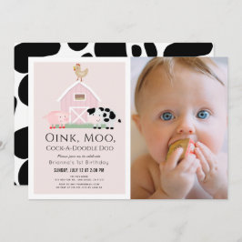 農業動物納屋周囲の庭ピンクガール写真1st誕生日 招待状