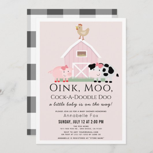 農業動物納屋周囲の庭ピンクジンガムベビーシャワー 招待状 (正面/裏面)