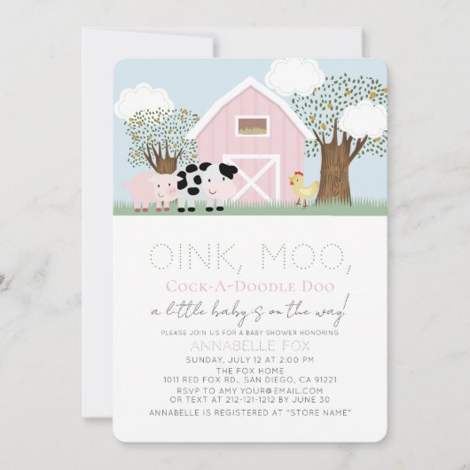 農業動物納屋周囲の庭ピンクバーンガールベビーシャワー 招待状 (正面)
