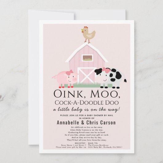 農業動物納屋周囲の庭ピンク赤ちゃんシャワーbyメール 招待状 (正面)