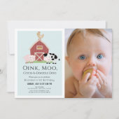 農業動物納屋周囲の庭ブルーボーイフォト1st誕生日 招待状 (正面)