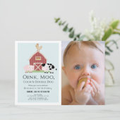 農業動物納屋周囲の庭ブルーボーイフォト1st誕生日 招待状 (スタンド正面)