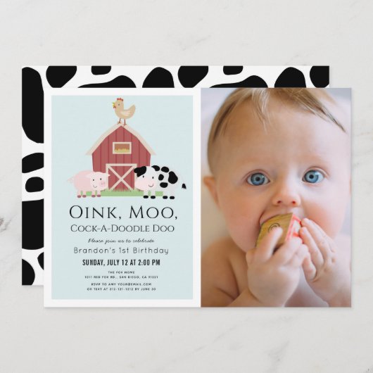 農業動物納屋周囲の庭ブルーボーイフォト1st誕生日 招待状 (正面/裏面)