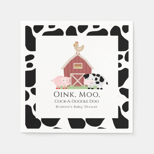 農業動物納屋周囲の庭ホワイトベビーシャワー紙 スタンダードカクテルナプキン (正面)