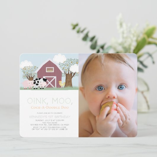 農業動物納屋周囲の庭レッドバーン1stバースデーフォト 招待状 (スタンド正面)