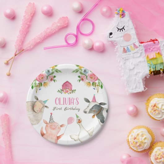 農業動物納屋周囲の庭動物園パーティーガールピンク誕生日 ペーパープレート (パーティー)