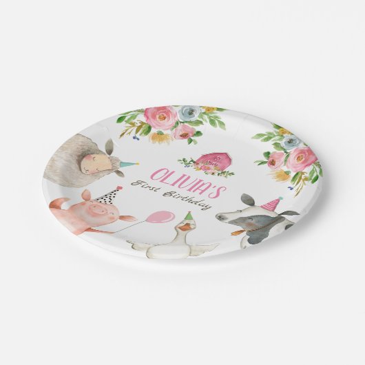 農業動物納屋周囲の庭動物園パーティーガールピンク誕生日 ペーパープレート (アングル)