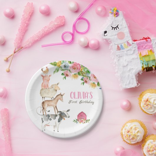 農業動物納屋周囲の庭動物園パーティーガールピンク誕生日 ペーパープレート (パーティー)