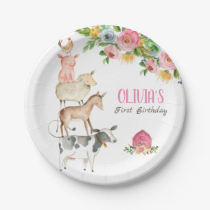 農業動物納屋周囲の庭動物園パーティーガールピンク誕生日 ペーパープレート