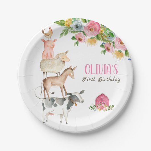 農業動物納屋周囲の庭動物園パーティーガールピンク誕生日 ペーパープレート (正面)