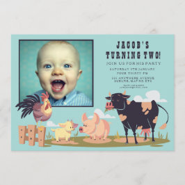 農業動物納屋周囲の庭子供の誕生日写真招待状 招待状