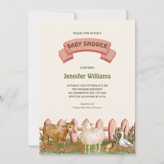 農業動物納屋周囲の庭男女兼用ベビーシャワー 招待状 (正面)