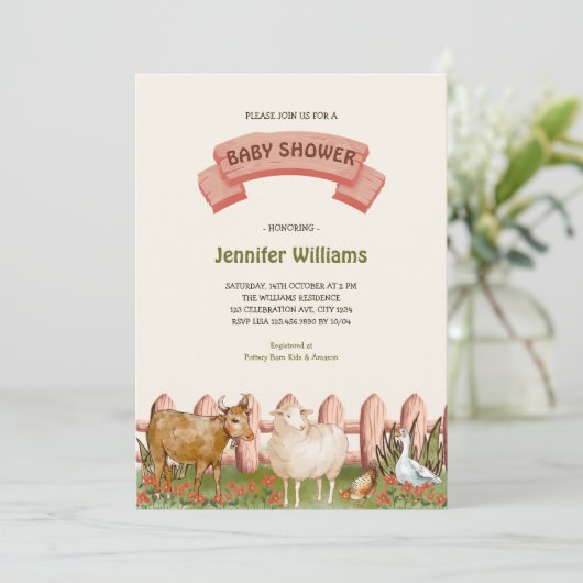 農業動物納屋周囲の庭男女兼用ベビーシャワー 招待状 (スタンド正面)
