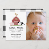 農業動物納屋周囲の庭白写真第1回誕生日Inv 招待状 (正面/裏面)