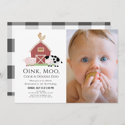 農業動物納屋周囲の庭白写真第1回誕生日Inv 招待状 (正面/裏面)