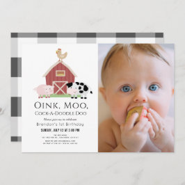 農業動物納屋周囲の庭白写真第1回誕生日Inv 招待状