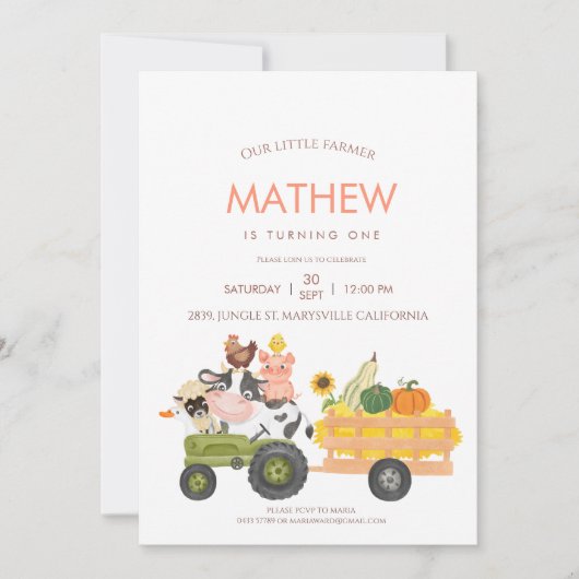 農業動物納屋周囲の庭第1回2歳招待状 招待状 (正面)