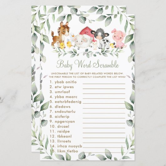 農業動物緑の赤ちゃんシャワー単語スクランブル (正面/裏面)