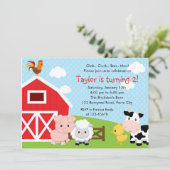 農業動物誕生日招待状 – 少年納屋周囲の庭 招待状 (スタンド正面)