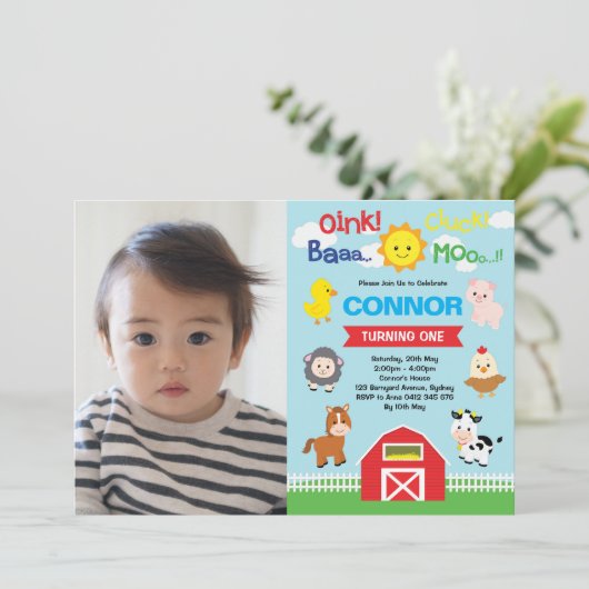 農業動物誕生日納屋周囲の庭ペット動物園の写真 招待状 (スタンド正面)