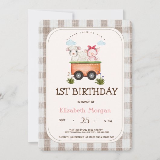 農業動物豚ヒツジのギンガム 招待状 (正面)