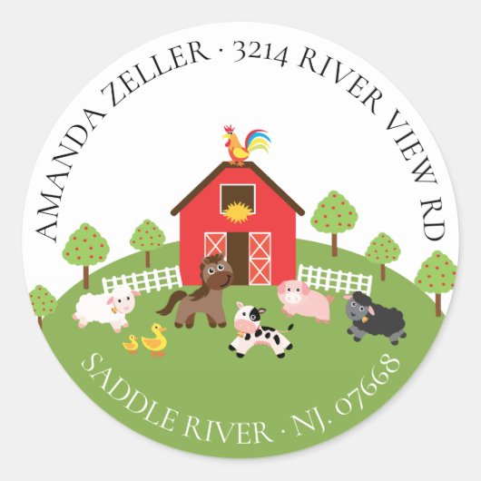 農業動物赤ちゃんシャワー差出人住所ラベル ラウンドシール (正面)