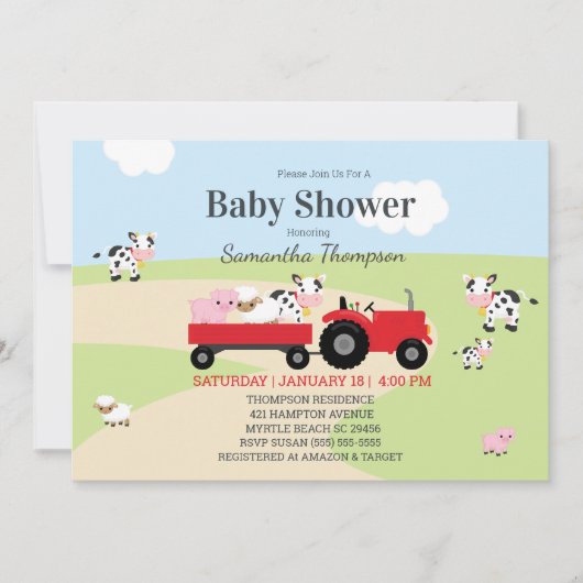 農業動物赤トラクター男の子赤ちゃんシャワー 招待状 (正面)