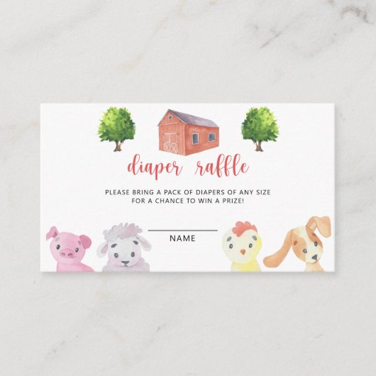 農業動物 – おむつラッフル赤ちゃんシャワー エンクロージャーカード (正面)