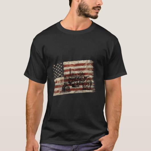 農業愛国的なアメリカ合衆国国旗のアンティークトラクト Tシャツ (正面)