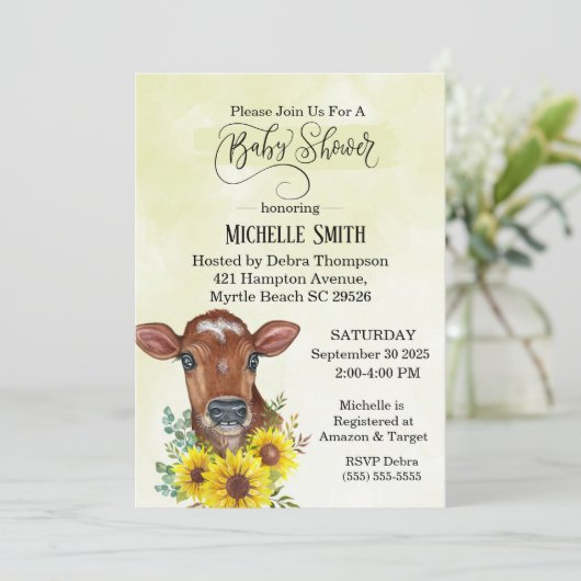 農業牛ひまわり黄色の水の色ベビーシャワー 招待状 (スタンド正面)