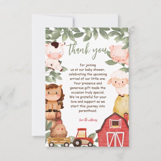 農業用水彩動物赤ちゃんシャワー サンキューカード (正面)