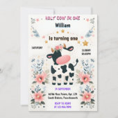 農業開始かわいいフローラピンク聖牛1歳の誕生日 招待状 (正面)