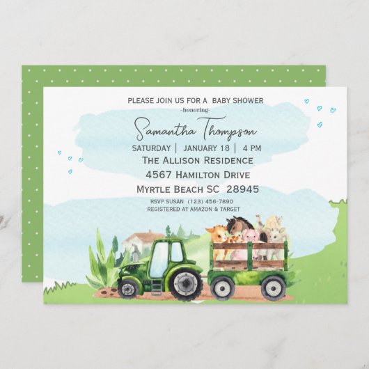 農業 動物 緑 トラクター少年 赤ちゃんシャワー 招待状 (正面/裏面)