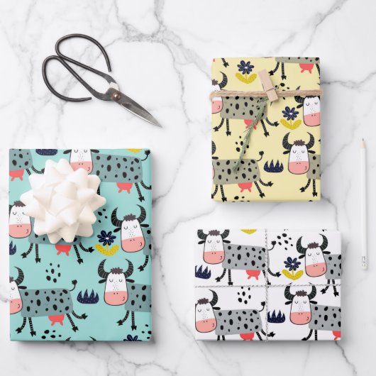 農牛おもしろい包装紙セット3 ラッピングペーパーシート (正面)