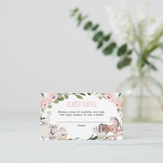 農産動物女の子の赤ちゃんシャワーおむつラッフルカード エンクロージャーカード (スタンド正面)