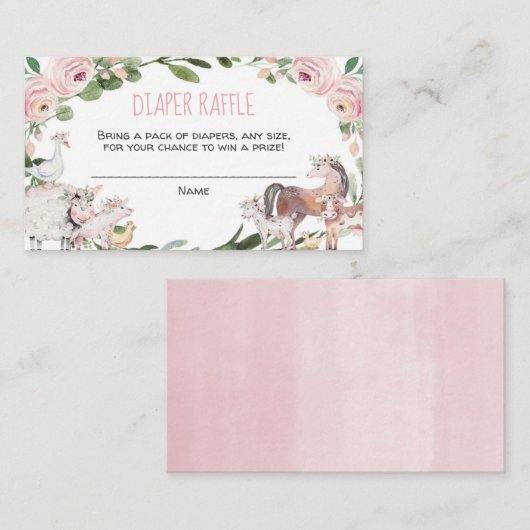 農産動物女の子の赤ちゃんシャワーおむつラッフルカード エンクロージャーカード (正面/裏面)