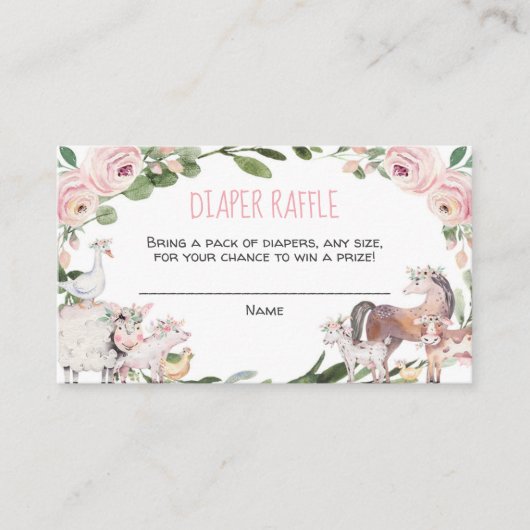農産動物女の子の赤ちゃんシャワーおむつラッフルカード エンクロージャーカード (正面)