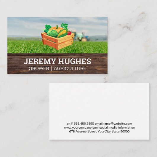 農産物で一杯の木箱 | 農地牽引機 名刺 (正面/裏面)