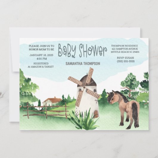農馬風車動物の少年の赤ちゃんシャワー 招待状 (正面)