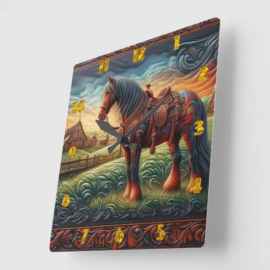 農鮮やか場内のカラフル馬 スクエア壁時計 (傾斜)