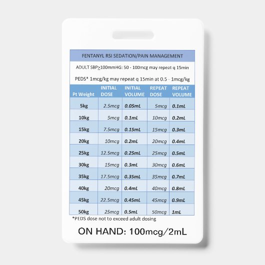 迅速な投与RE: RSI鎮静および痛み用フェンタニル バッジ (表面)