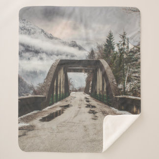 近くの葉のない木の横にある灰色コンクリートアーチブライド シェルパブランケット