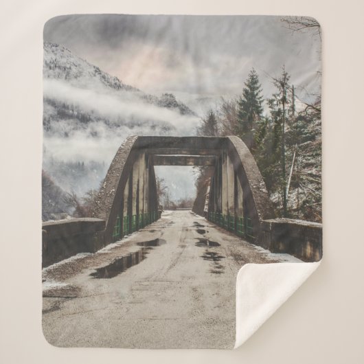 近くの葉のない木の横にある灰色コンクリートアーチブライド シェルパブランケット (正面)