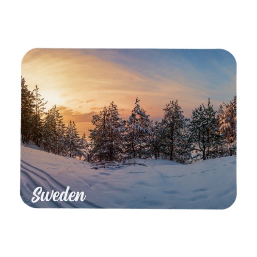 近くの雪凍っていの森の夕日 マグネット (横)